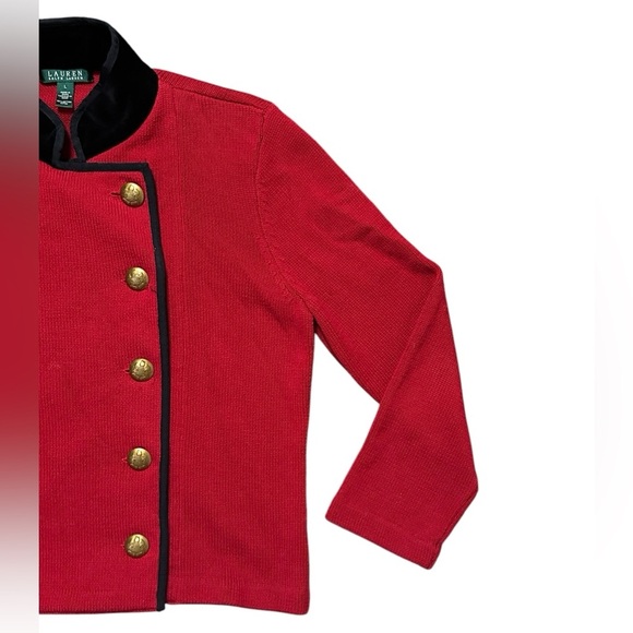 LAUREN RALPH LAUREN Red Knit Black Velvet Collar Double Breasted Jacket L - Picture 3 of 6